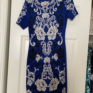 Nwot Cynthia Steffe knit sheath dress knee length. Black, electric blue white. S